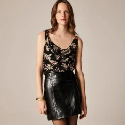 Asymmetrical cowlneck top in floral crepe de chine