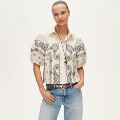 Bell-sleeve button-up shirt in bandana print