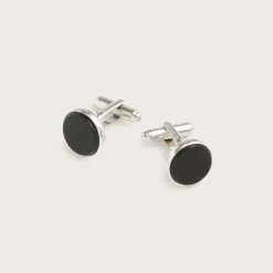 Black onyx sterling silver rounded cuff links