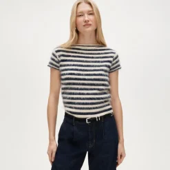 Brushed cashmere boatneck T-shirt in stripe