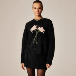 Brushed cashmere relaxed crewneck sweater with floral intarsia