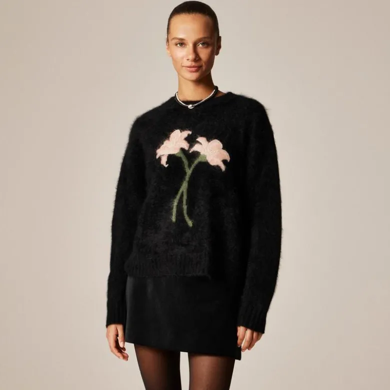 Brushed cashmere relaxed crewneck sweater with floral intarsia