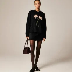 Brushed cashmere relaxed crewneck sweater with floral intarsia