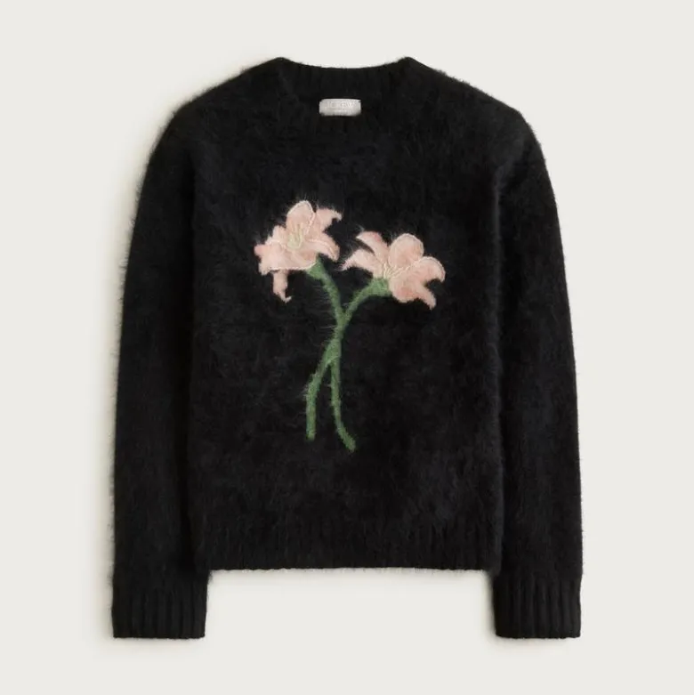 Brushed cashmere relaxed crewneck sweater with floral intarsia
