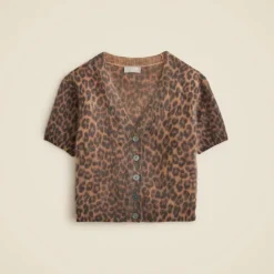 Brushed cashmere short-sleeve cardigan in leopard print
