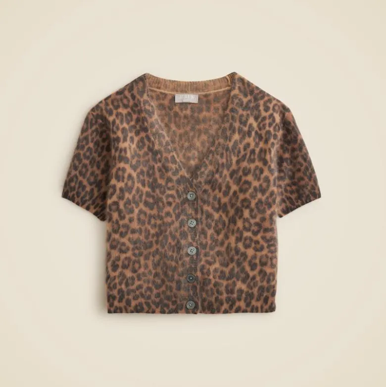 Brushed cashmere short-sleeve cardigan in leopard print