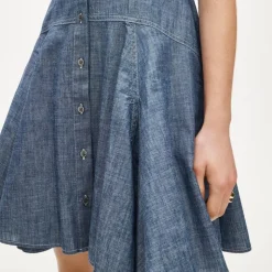 Button-front mini dress in chambray