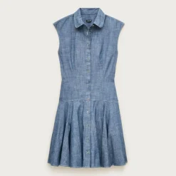 Button-front mini dress in chambray