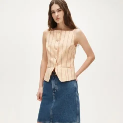 Button-up cutaway tank top in striped Gramercy linen blend