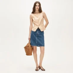 Button-up cutaway tank top in striped Gramercy linen blend