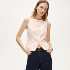 Button-up cutaway tank top in Gramercy linen blend