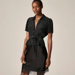 Button-up tie-waist shirt in crepe de chine