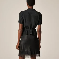Button-up tie-waist shirt in crepe de chine