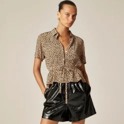 Button-up tie-waist shirt in leopard print