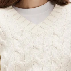 Cable-knit high V-neck sweater in heritage cotton