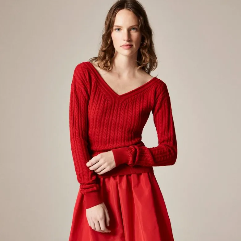 Cable-knit wide V-neck sweater in merino wool