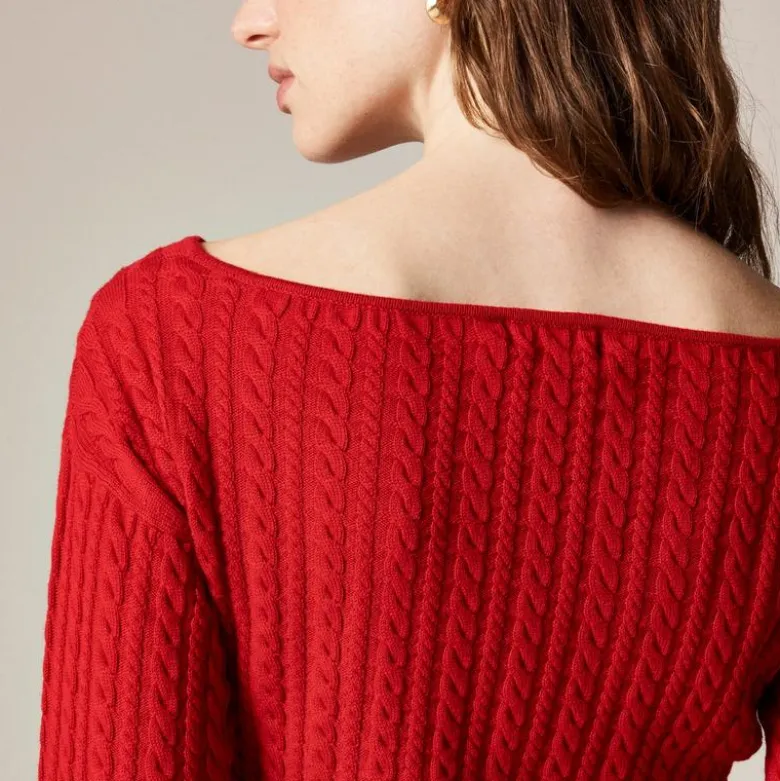 Cable-knit wide V-neck sweater in merino wool
