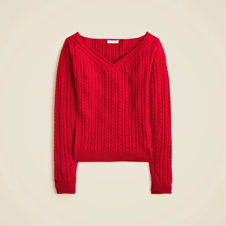 Cable-knit wide V-neck sweater in merino wool
