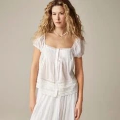 Cap-sleeve lace-trim top in cotton voile
