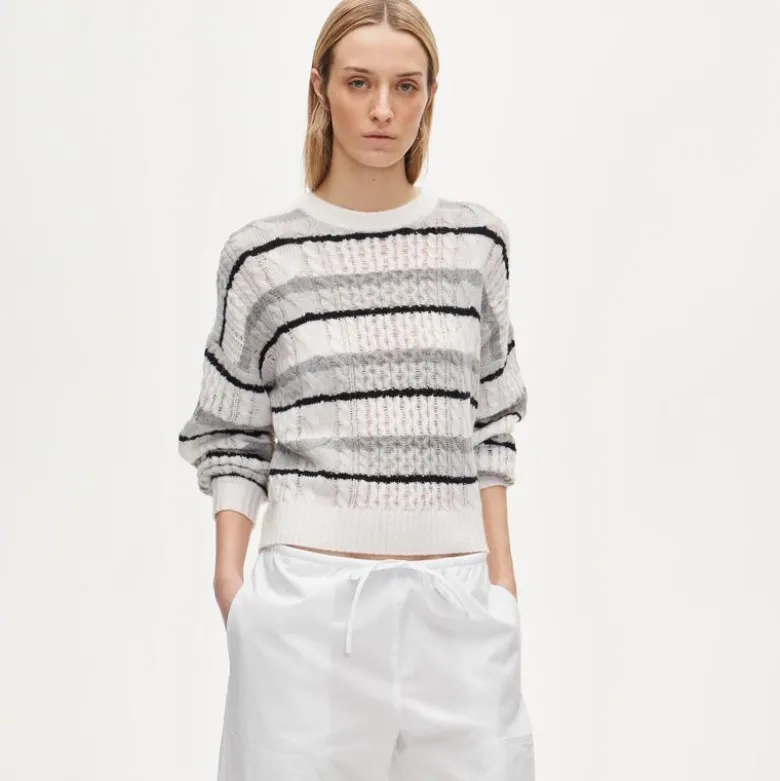 Cashmere cable-knit blouson-sleeve sweater in stripe