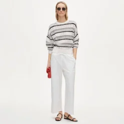 Cashmere cable-knit blouson-sleeve sweater in stripe