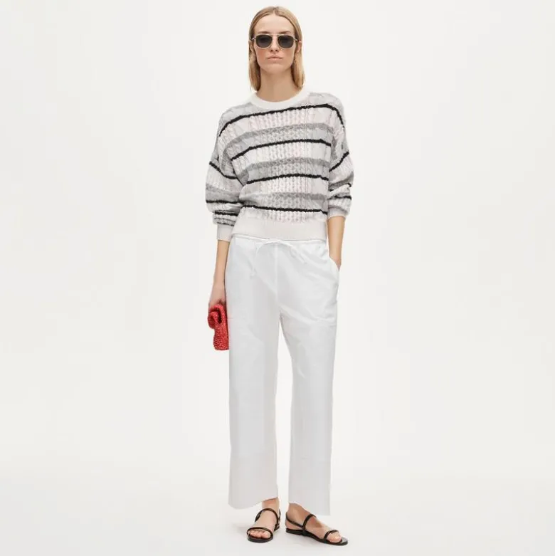 Cashmere cable-knit blouson-sleeve sweater in stripe