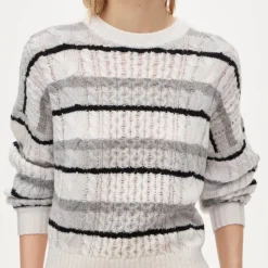 Cashmere cable-knit blouson-sleeve sweater in stripe