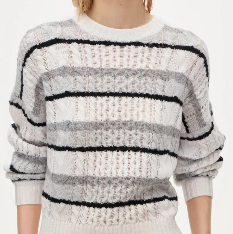 Cashmere cable-knit blouson-sleeve sweater in stripe