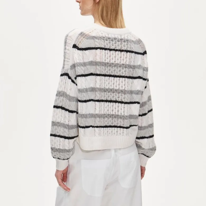 Cashmere cable-knit blouson-sleeve sweater in stripe