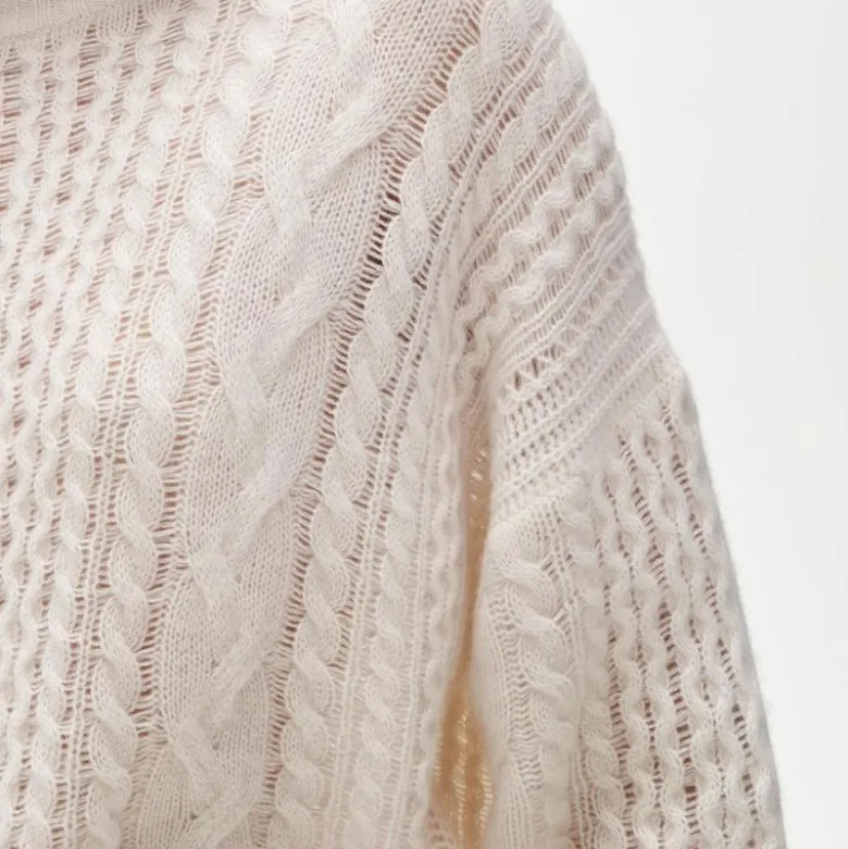 Cashmere cable-knit blouson-sleeve sweater