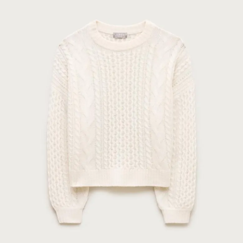 Cashmere cable-knit blouson-sleeve sweater