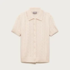 Cashmere pointelle button-up short-sleeve cardigan
