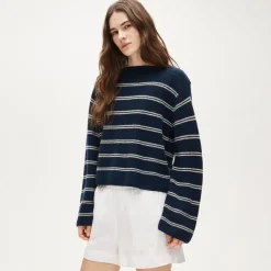 Cashmere wide-sleeve sweater in mariner stripe
