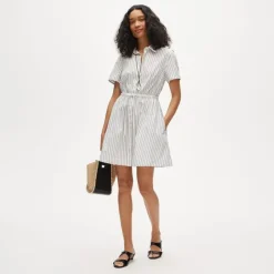 Cerise mini shirt-dress in striped cotton poplin
