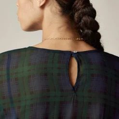 Chiffon shirred-waist top in Black Watch tartan