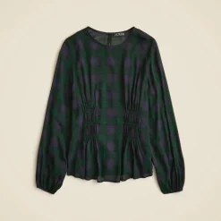 Chiffon shirred-waist top in Black Watch tartan