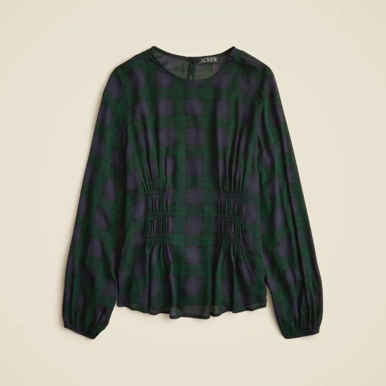 Chiffon shirred-waist top in Black Watch tartan