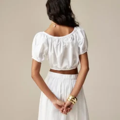 Cinched-waist cropped top in cotton poplin
