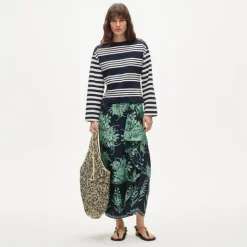 Cinched-waist shirt in striped heavyweight cotton