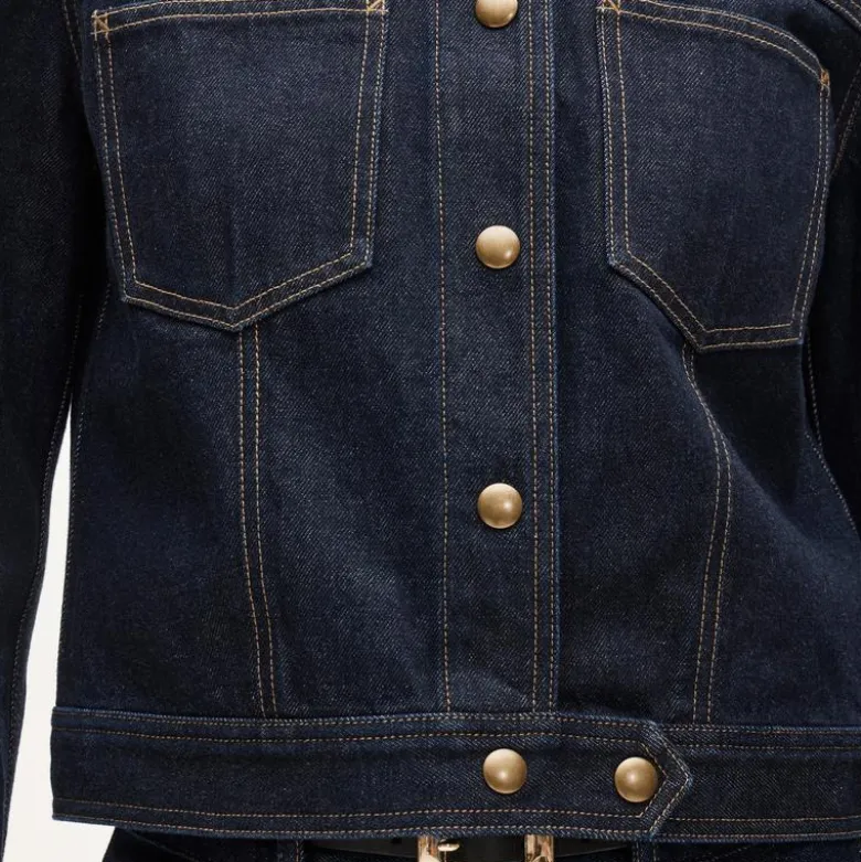Collarless denim trucker jacket