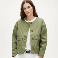 Collarless utility jacket in brushed cotton twill