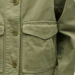 Collarless utility jacket in brushed cotton twill