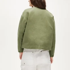 Collarless utility jacket in brushed cotton twill