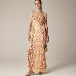 Collection cascading ruffle dress in sunset rose block print chiffon