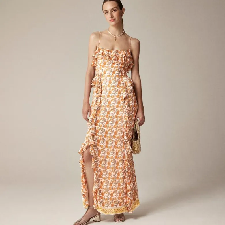 Collection cascading ruffle dress in sunset rose block print chiffon