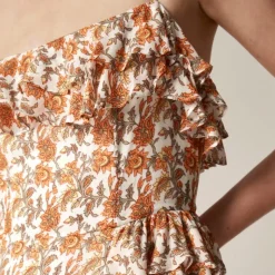 Collection cascading ruffle dress in sunset rose block print chiffon