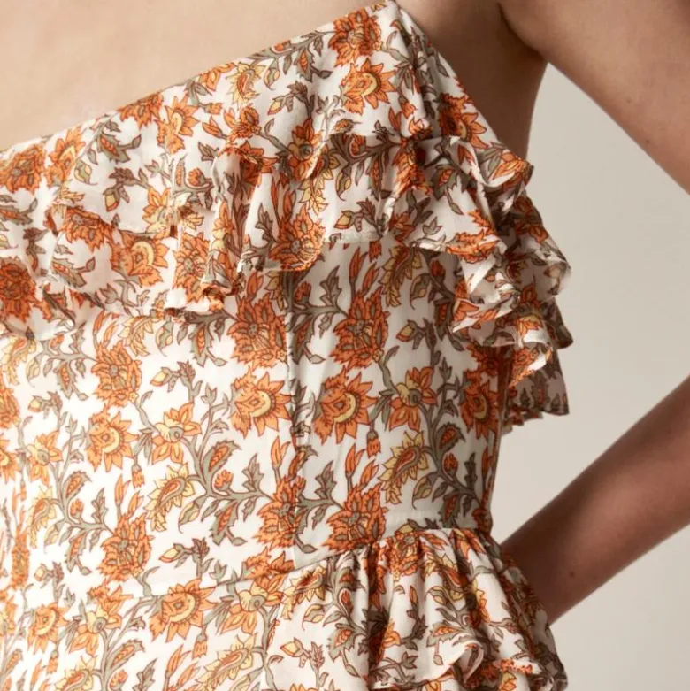 Collection cascading ruffle dress in sunset rose block print chiffon