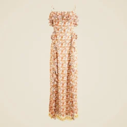 Collection cascading ruffle dress in sunset rose block print chiffon