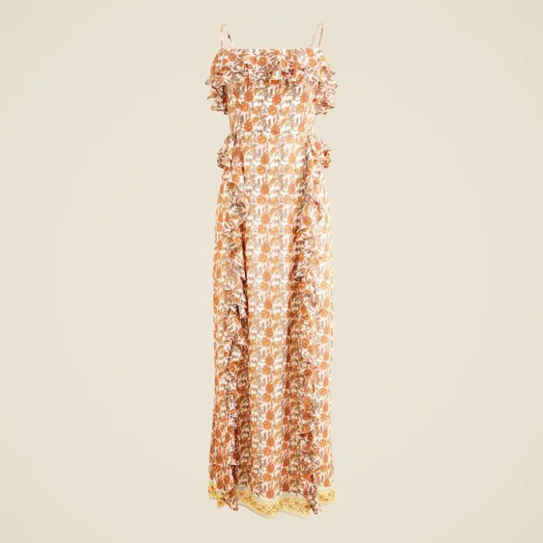 Collection cascading ruffle dress in sunset rose block print chiffon
