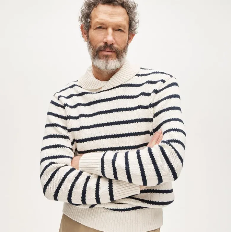Cotton shawl-collar sweater in stripe